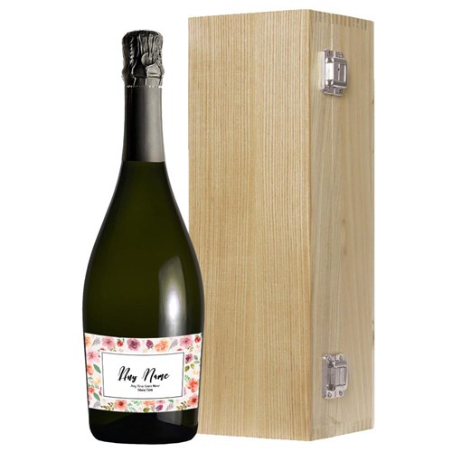 Personalised Prosecco - Art Border Label in Luxury Oak Box